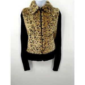Y2K‎  Tiara Sweater Jacket Woman Sz m/L LEOPARD PRINT Faux Fur Front Zipper